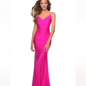La Femme Hot Pink Backless Formal Gown